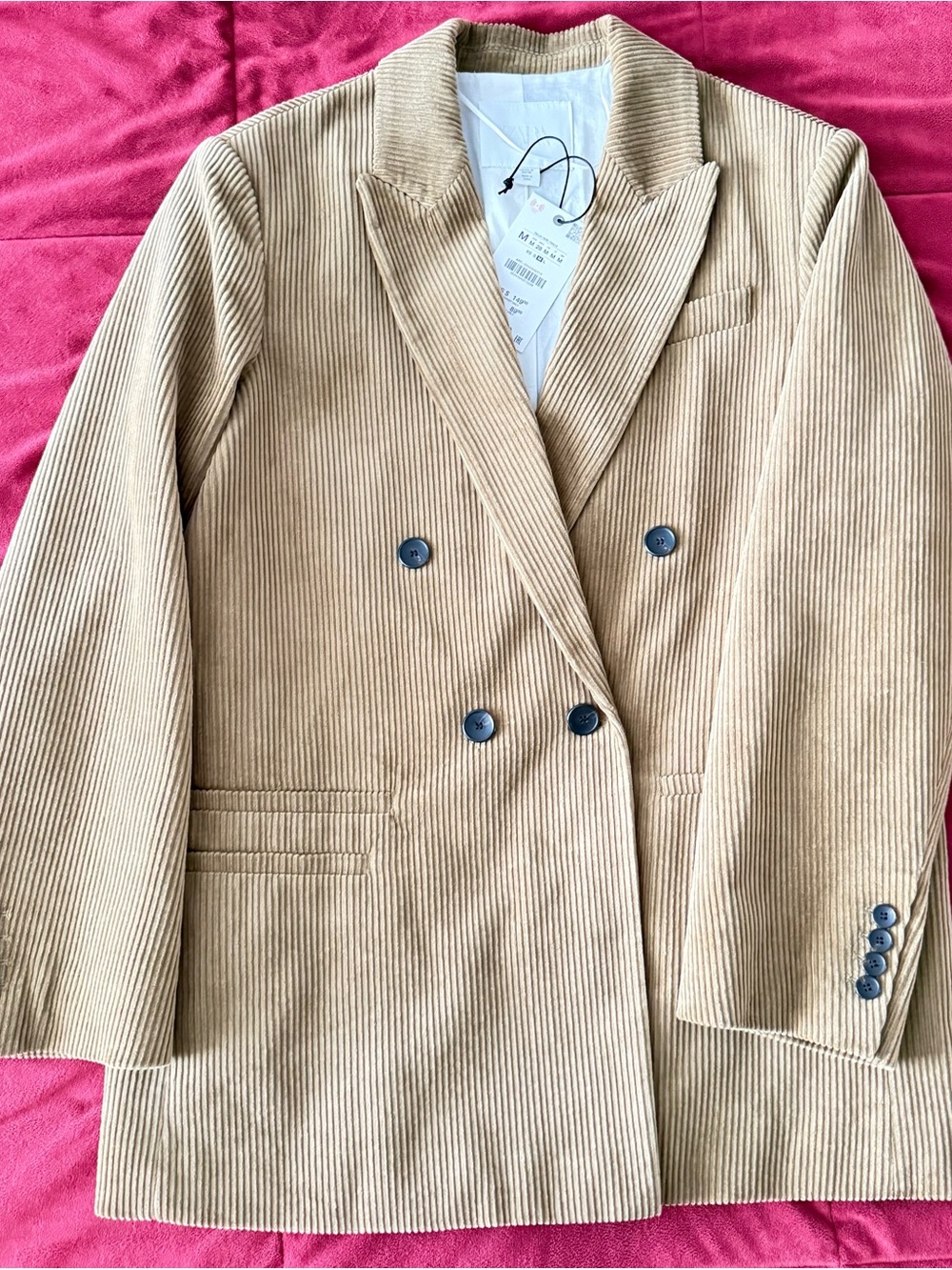 NWT ZARA Corduroy Double Breasted Blazer Jacket Beige Camel Size M 5344/040